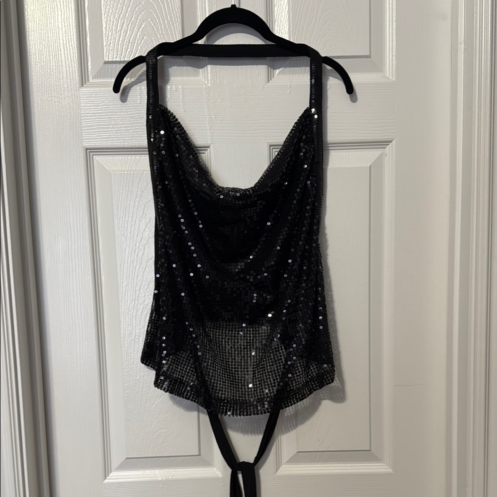 Black Sequin Backless Crop Top XL